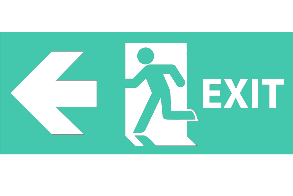 A green icon of a sign on a fire door with the words EXIT in capital letters