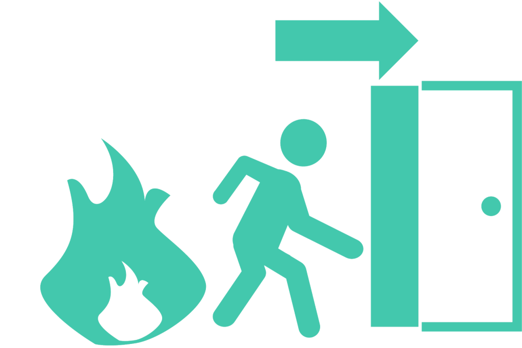 3 green icons. The first is of a fire. The second is of a person running and the 3rd is of a door.