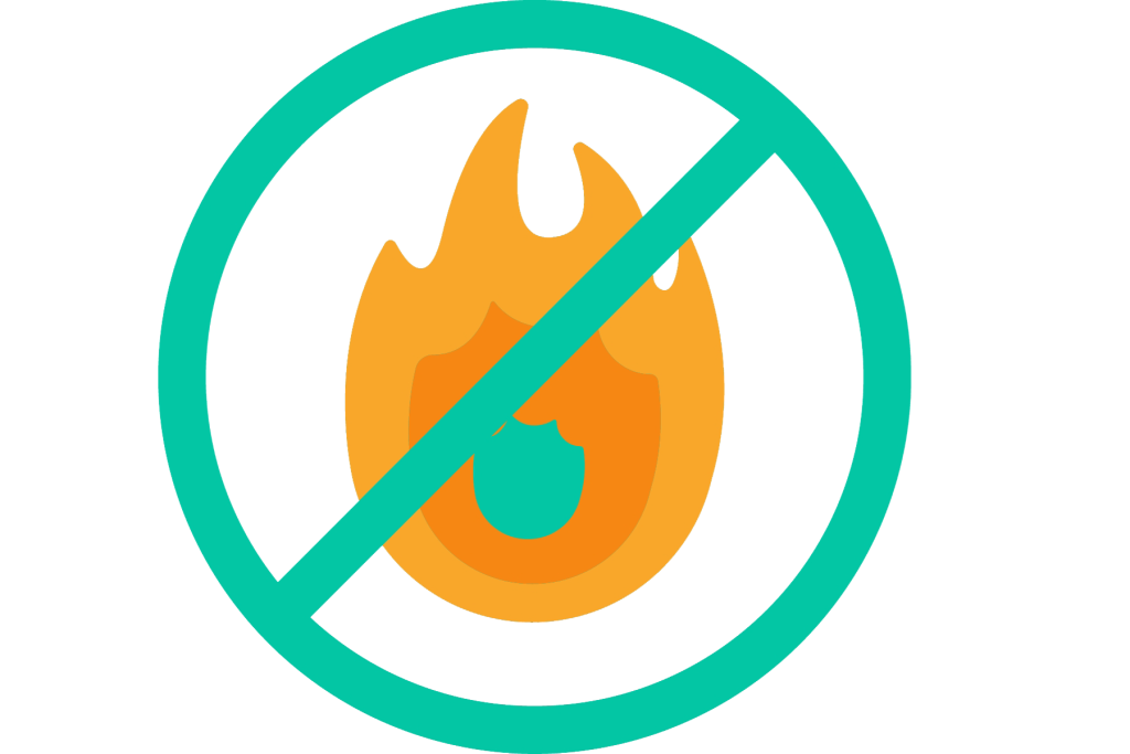 A green circle icon with a diagonal line through it with an orange fire in the centre.